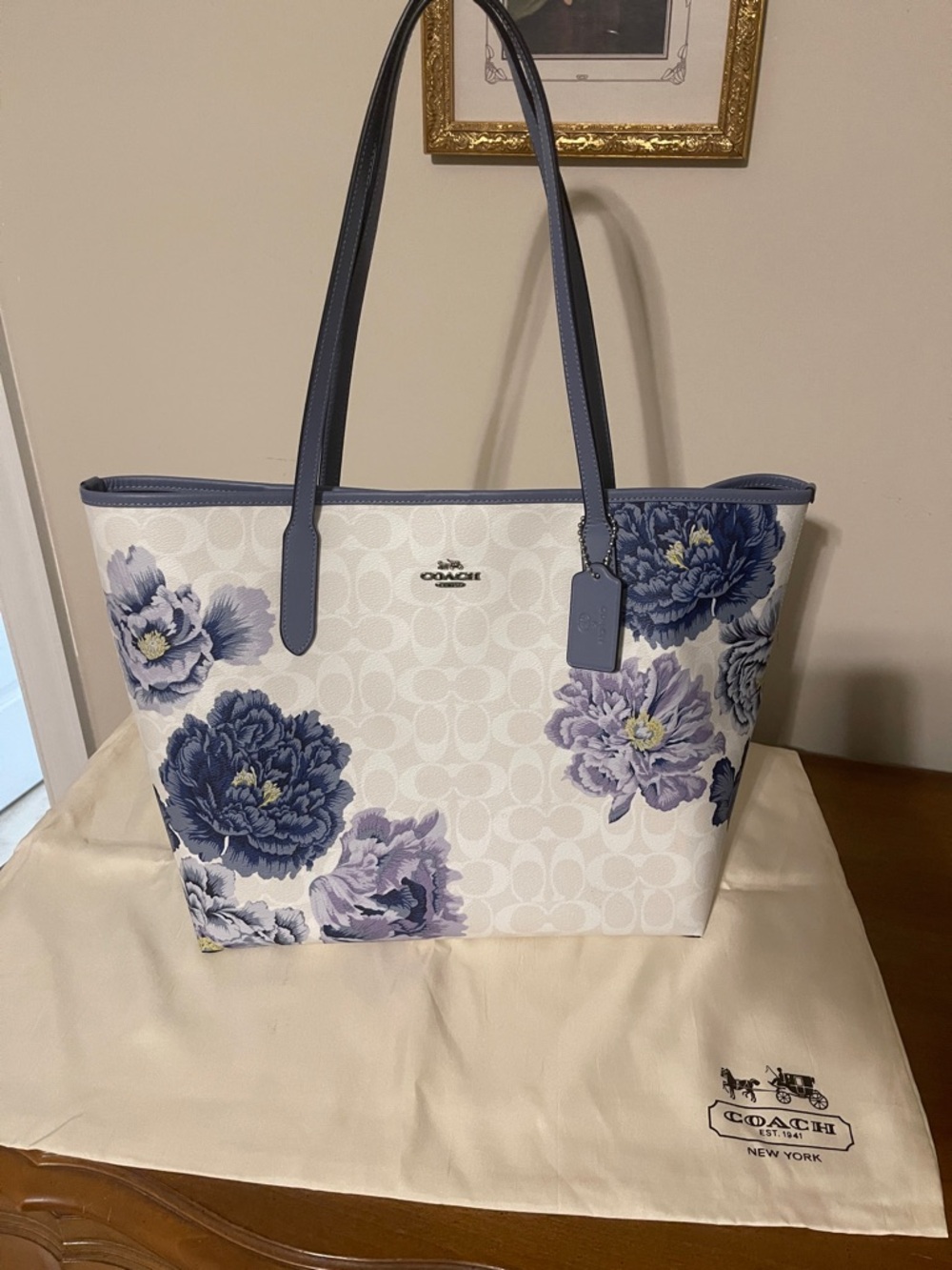 Coach White Tote with Blue Floral Print L2108-S698